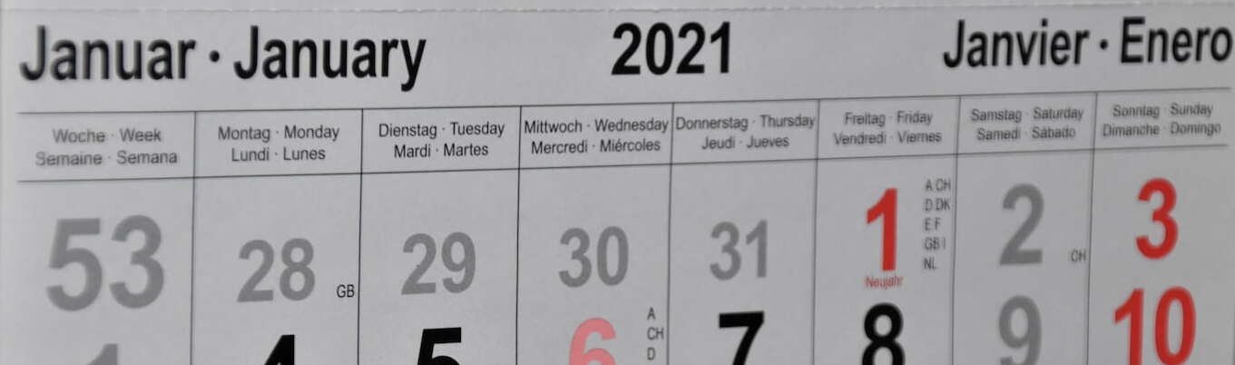 A calendar showing January 2021 in various languages